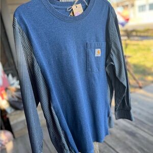 Custom one of a kind handmade Carhartt tshirt flannel mash up blue and white